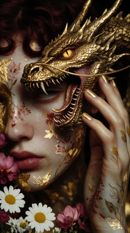 Close-up Portrait, Golden Dragon Features, Detailed Scales,...