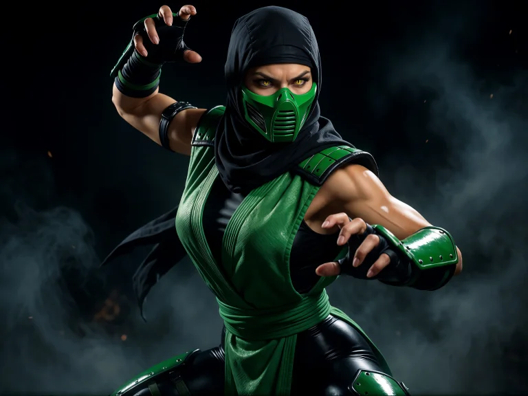 Female Ninja In Green Mask Black Outfit Fighting Stance Smok...