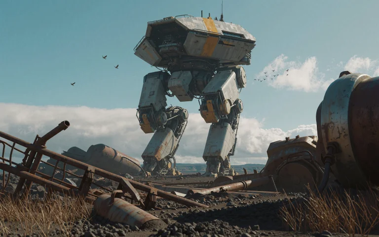 This Is A Digital Depicting A Large, Futuristic Robot Standi...