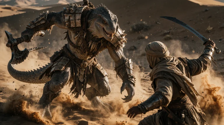 An Epic, Cinematic Shot Set In A Vast, Arid Desert Landscape...