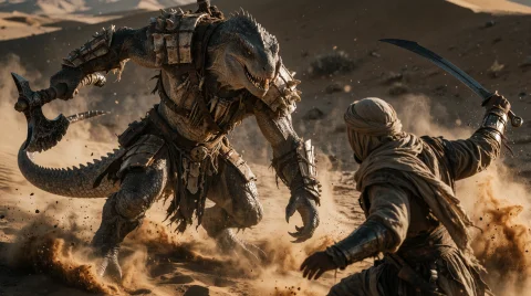 An Epic, Cinematic Shot Set In A Vast, Arid Desert Landscape... — Stable Diffusion AI Prompt: An epic, cinematic shot set in a vast, arid desert landscape during golden hour....