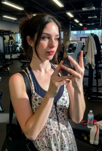 Casual Handheld Smartphone Snapshot Of Wealthy Woman Standin... — Stable Diffusion AI Prompt: Casual handheld smartphone snapshot of wealthy woman standing in ordinary high-e...