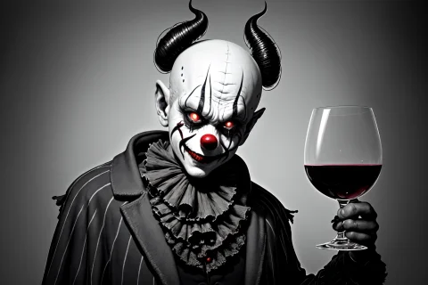A Creepy Clown Holding A Glass Of Wine In His Hand And Looki... — Stable Diffusion AI Prompt: a creepy clown holding a glass of wine in his hand and looking at the camera wit...
