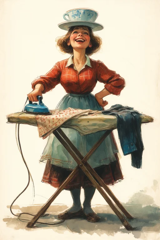 Vladimir Zarubin Style Gouache Illustration, A Woman Ironing...