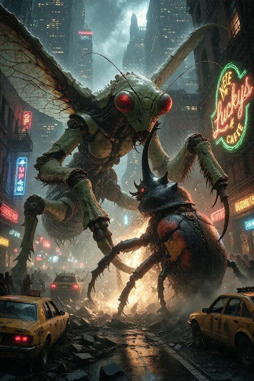 A Gigantic Biomechanical Praying Mantis And A Cybernetic Rhi...