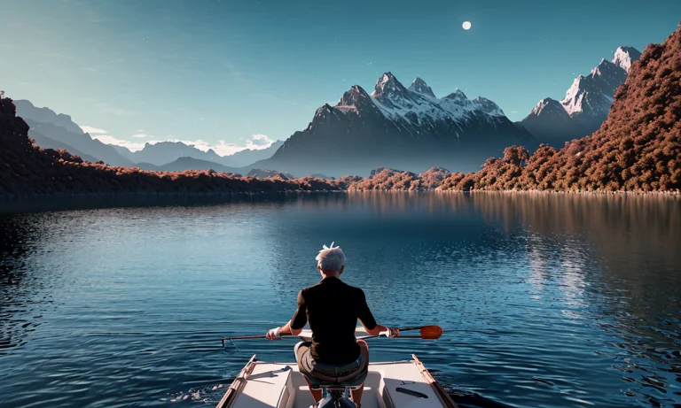 Analog Style, A 3d Render Of A Old Man Fishing On A Boat In...