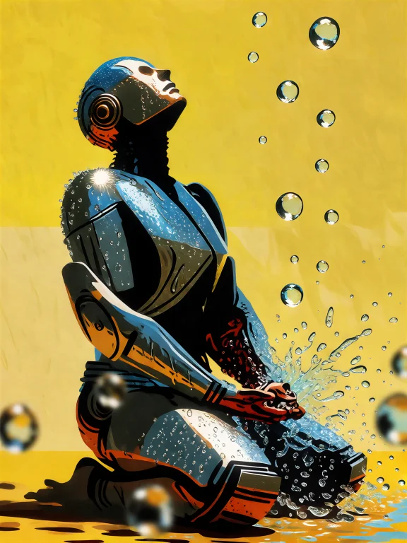 Dcdrkfntsy. A Chrome Robotic Figure Kneels With Head Tilted...