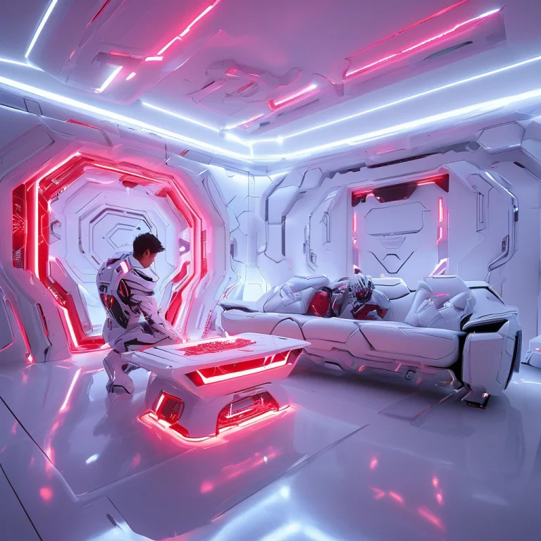 2boys, A Teenage Gamer In A Futuristic Iiving Room Sitting O...