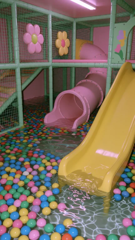 Dcl1m1nal. Medium Eye-level Shot Inside An Indoor Childrens...