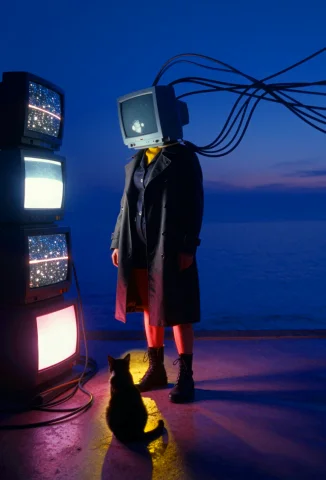A Female Character With An Android-like Appearance And A Crt... — Stable Diffusion AI Prompt: **## A female character with an android-like appearance and a CRT monitor for a...
