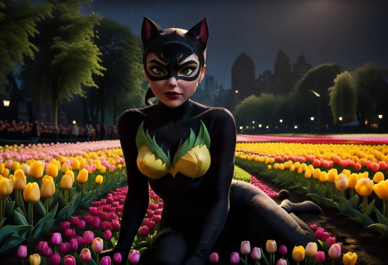 A Full-body Cinematic Shot Of Catwoman Crouching On The Grou...