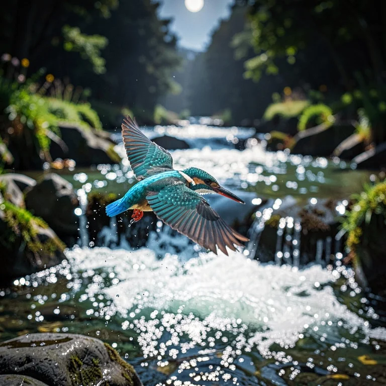 A Kingfisher Diving Toward A Bright Stream, Analog Photo, Mo...