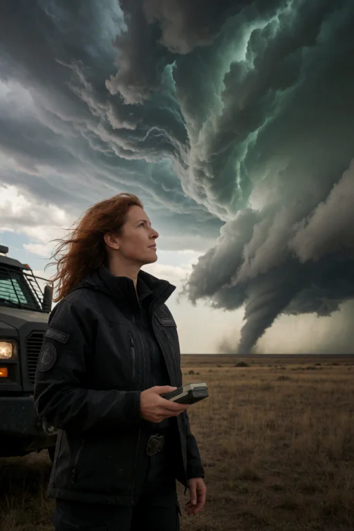 A Beautiful Realistic Woman Storm Chaser Standing Beside A R...