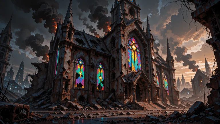 A Ravaged, Dystopian Church Looms In The Desolate Landscape,...