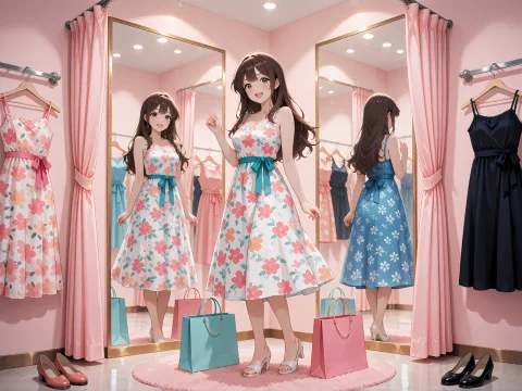 An Adult Anime Woman Trying On Outfits In A Bright Boutique... — Stable Diffusion AI Prompt: An adult anime woman trying on outfits in a bright boutique fitting room, standi...