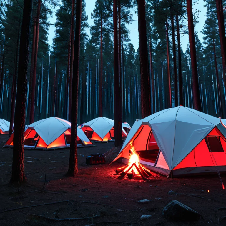 Whiteember, A Campfire Burning Between Tents In A Pine Fores...