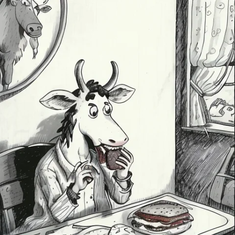 A Cartoon About A Cow Eating Hamburger, Lorathefarside0.8, B... — Stable Diffusion AI Prompt: a cartoon about a cow eating hamburger, , by gary larson, monochrome, black and...