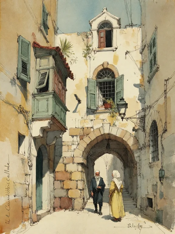 Bradhamel Art Style. A Watercolor Sketch Of A Narrow, Sun-da...