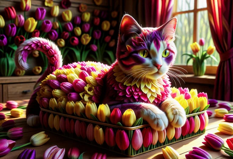 Two Schrodinger Cat Inside Of Box Made Of Tulips, Vibrant Pa...