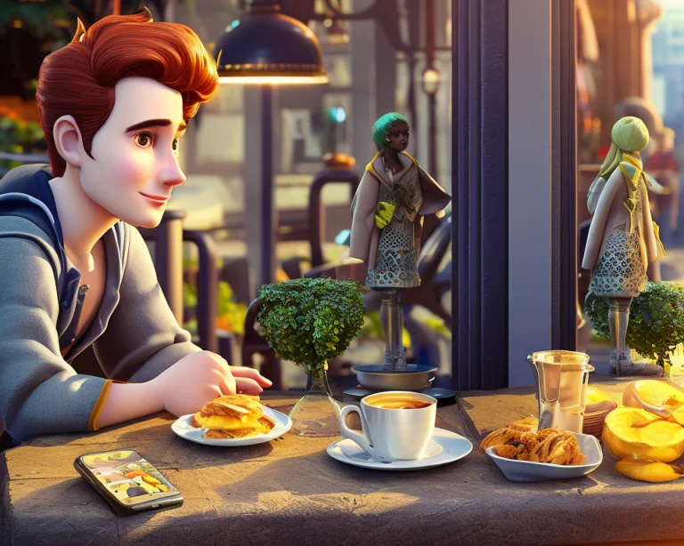 A Young Man Working Morning In A Street Cafe In The European...