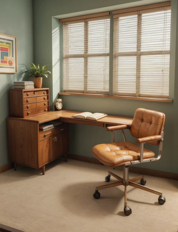 Vintage 1950s Office Interior, Wooden Desk With Inlaid Detai...