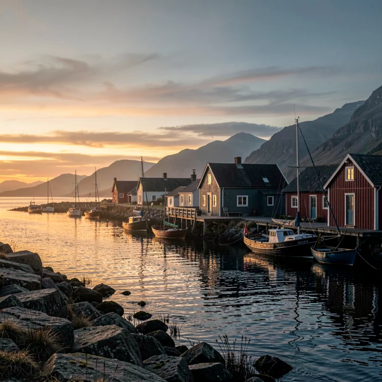 A Fishing Village Hushed At Golden Hour, Cold Moonlit Tones,...