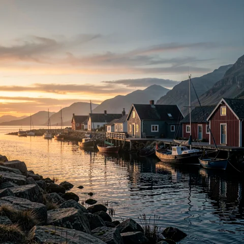 A Fishing Village Hushed At Golden Hour, Cold Moonlit Tones,... — Stable Diffusion AI Prompt: a fishing village hushed at golden hour, cold moonlit tones, in the style of edi...