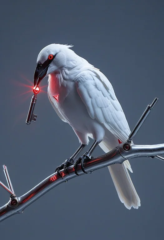 8k, Raw Digital Photo, A White Crow Perched On A Futuristic...
