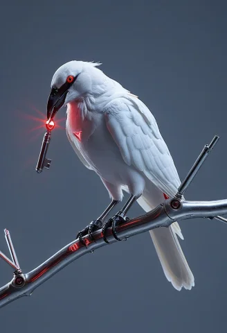 8k, Raw Digital Photo, A White Crow Perched On A Futuristic... — SDXL AI Prompt: 8k, Raw digital photo, a white crow perched on a futuristic metal branch, holdin...