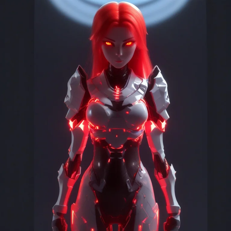 A 3d Chibi Anime Red Hair Cat Girl Wear Glowing Ninja Dresse...