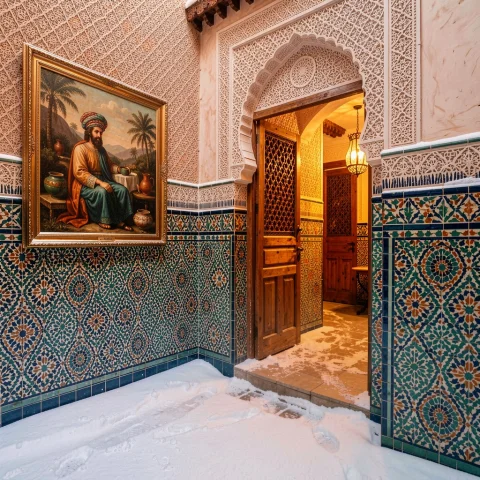 A Moroccan Riad With Intricate Mosaic Tiling, Classical Pain... — Stable Diffusion AI Prompt: a Moroccan riad with intricate mosaic tiling, classical painting, close-up, teal...
