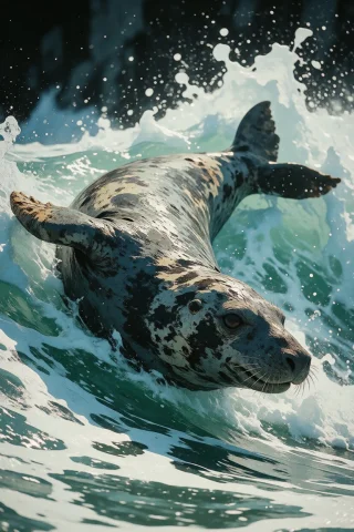 Nature, A Grey Seal Surging Through A Breaking Wave Off The... — Stable Diffusion AI Prompt: nature, A grey seal surging through a breaking wave off the Wild Atlantic Way, e...