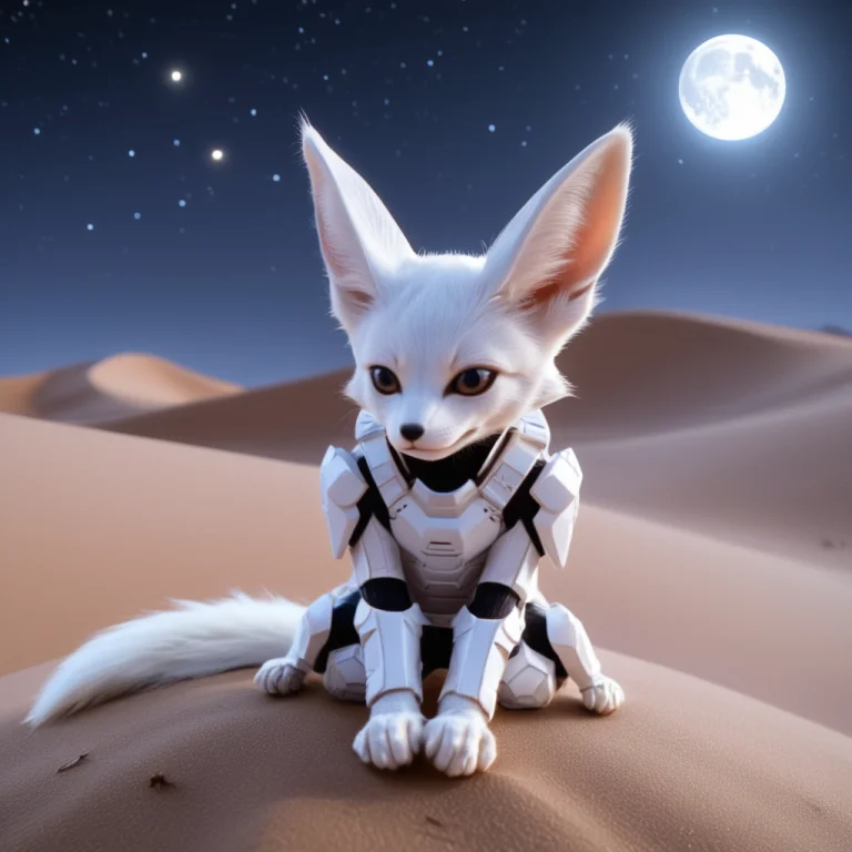 A Small Fennec Fox, Animal Made Of Whiteember Tech, Sleek Wh...