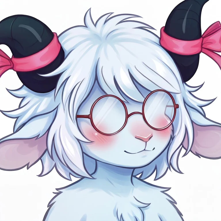 Glasses, 1girl, Horns, Solo, Round Eyewear, Blush, Ribbon, F...