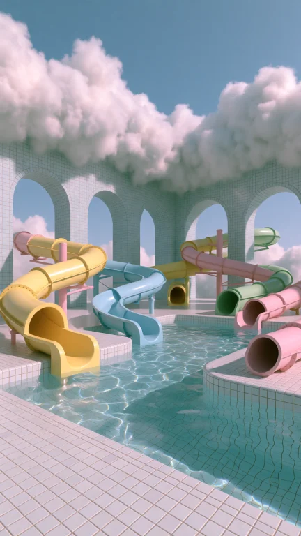 Dcl1m1nal. Wide Eye-level Shot Of A Pastel Indoor Waterpark...