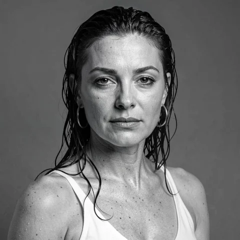 Photorealistic, Portrait View, Monochrome Lonely Elegant Mil... — FLUX AI Prompt: Photorealistic, portrait view, monochrome Lonely elegant milf, wet hair and skin