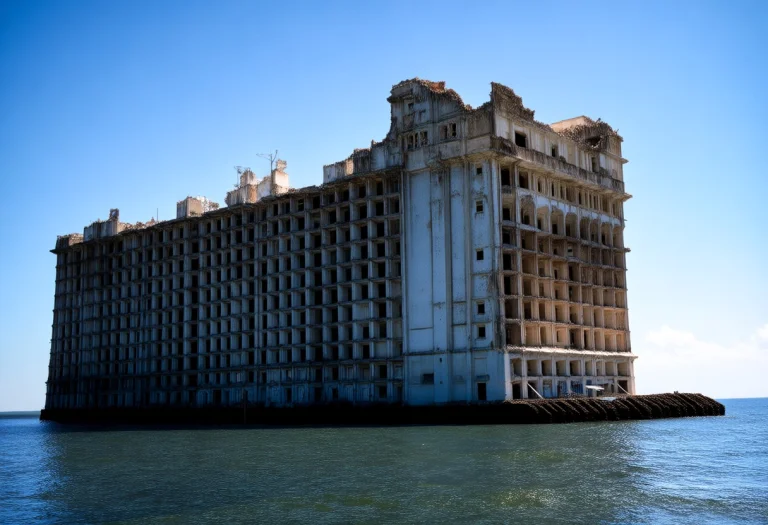 A Large Dilapidated Building By The Sea.