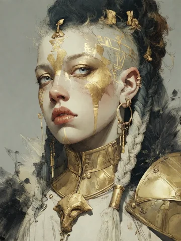 Bradhamel Art Style. A Young Woman With Dark Braided Hair An... — Stable Diffusion AI Prompt: Bradhamel art style. A young woman with dark braided hair and striking blue eyes...