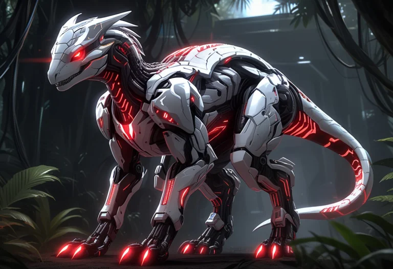 A Futuristic Velociraptor Made Of Glossy White And Red Glow...