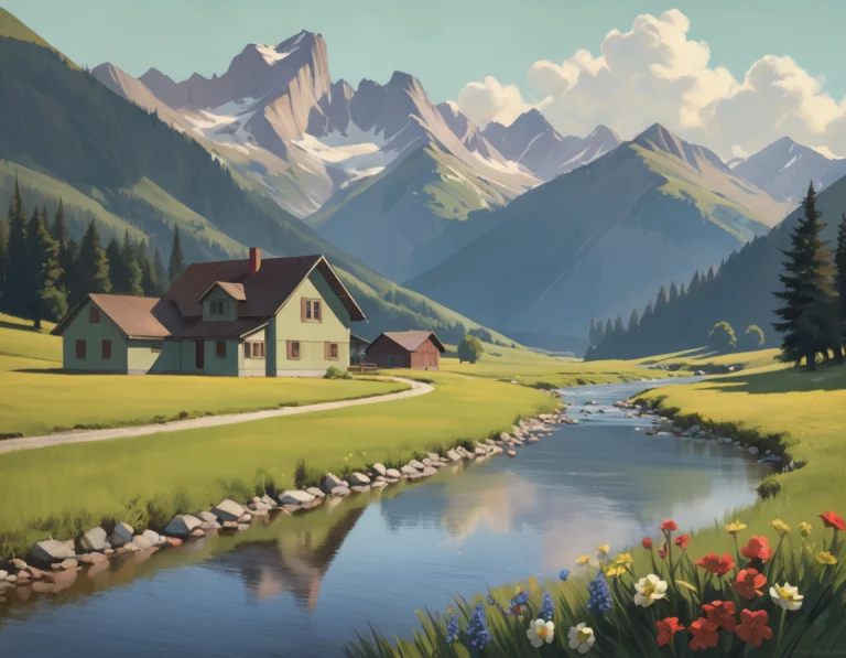 Dramatic Alpine Mountain Scenery, Green Meadows, Alpine Flow...