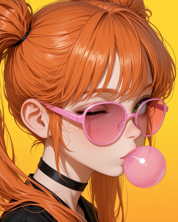 1girl, Blowing Bubble Gum, Orange Hair, Freckles, Long Hair,...