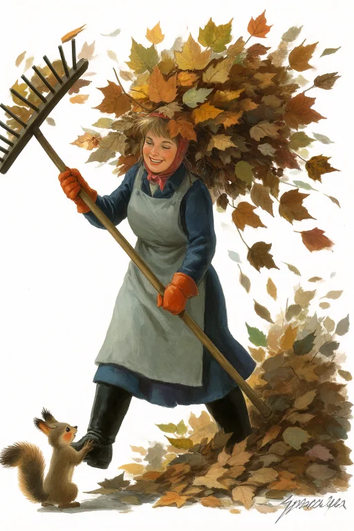 In The Style Of Vladimir Zarubin, A Woman Raking Autumn Leav...