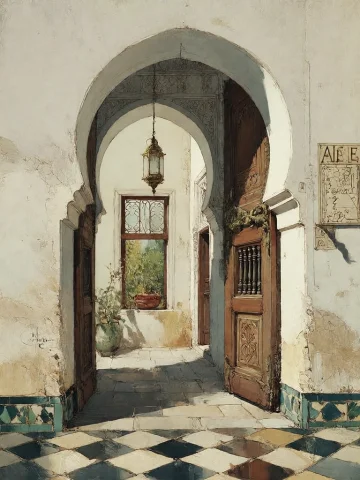 Bradhamel Art Style. A Serene, Sunlit Interior Hallway In A... — Stable Diffusion AI Prompt: Bradhamel art style. A serene, sunlit interior hallway in a traditional Moroccan...