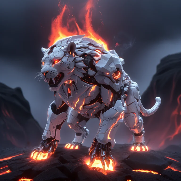 A Roaring Lion, Animal Made Of Whiteember Tech, Magma Glowin...