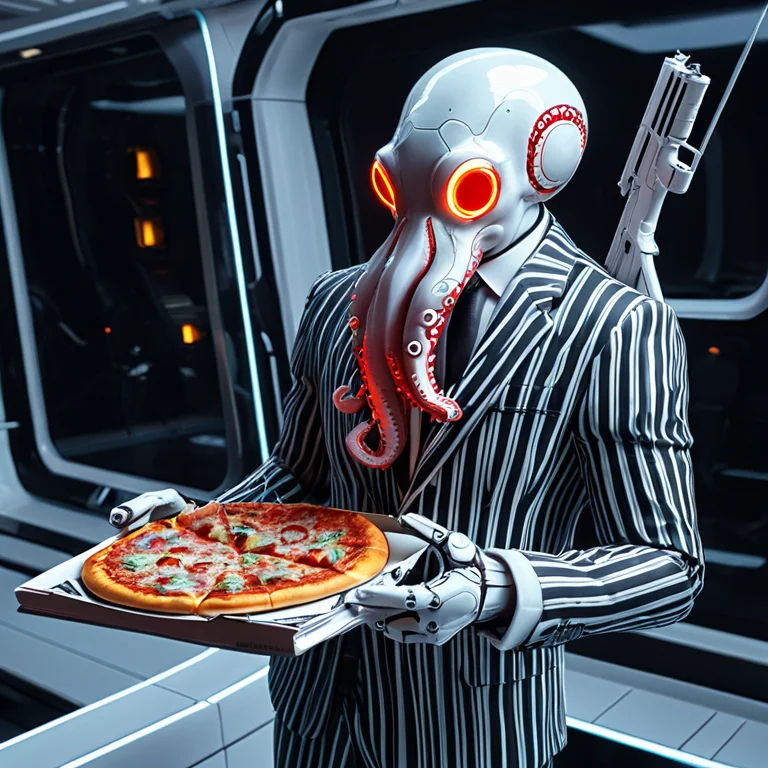 Whiteember, An Octopus In A Pinstripe Suit Holding A Pizza,...