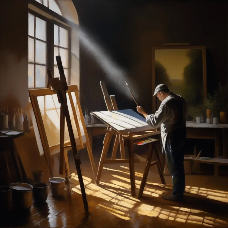 A Painter Absorbed In Work In A Sunlit Atelier, Acrylic Pain...