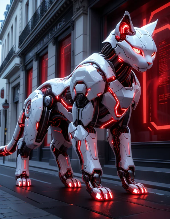 A Giant Cat Walking Through Paris Made Of Glossy White And R...