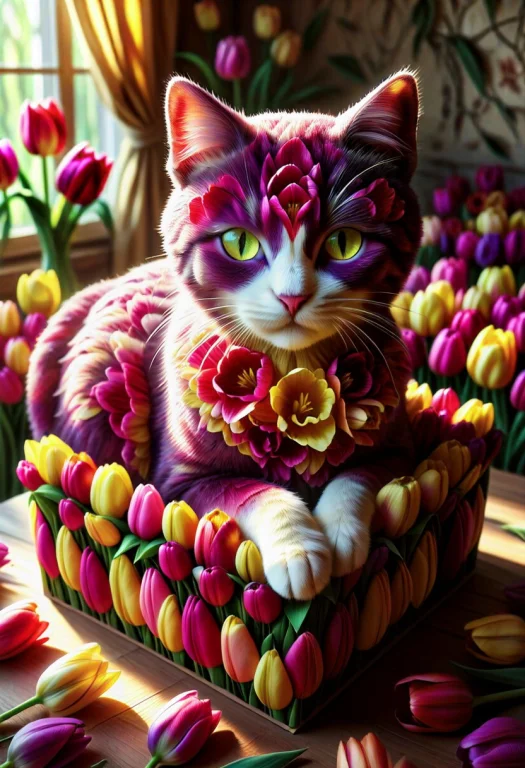 A Schrodinger Cat Inside Of Box Made Of Tulips, Vibrant Pale...