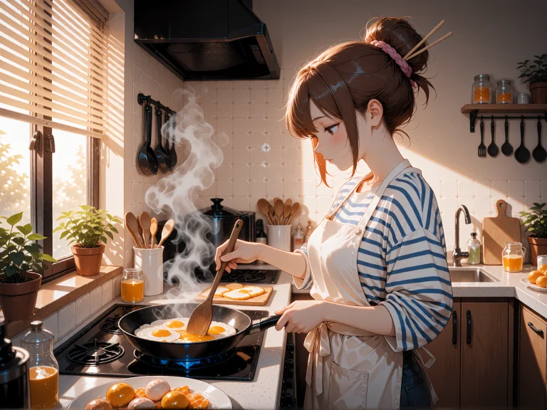 An Adult Anime Woman Cooking Breakfast In A Small Modern Kit...