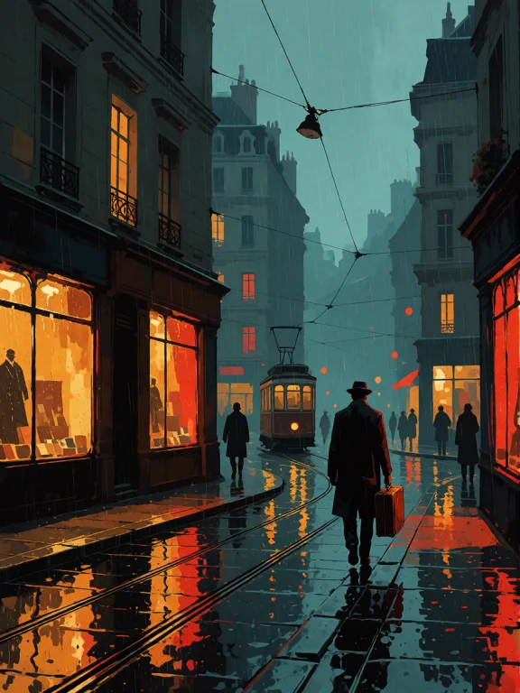 A Solitary Man Walking Through A Rainy European Street At Tw...